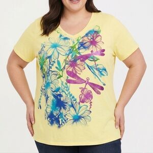 NWOT Just My Size Yellow V-Neck Tee with Blue, Green & Purple Floral Dragonfly